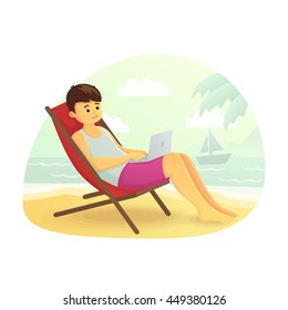 Man Freelancer On Beach Working On Stock Vector (Royalty Free ...