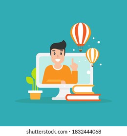 Man freelancer on computer screen with books, headset and air balloons. flat vector illustration. outsourcer, home work, online, internet, remote job, home office. On-line distant education. 