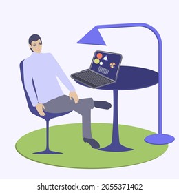 Man, freelancer, sits leg by leg, desktop, laptop, graphics, characteristic, - vector.