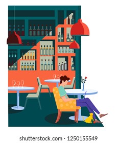 Man or freelancer sitting in armchair at a cafe working on a laptop.restaurant interior. travel and work. vector modern illustration.The illustration of freelancers concept