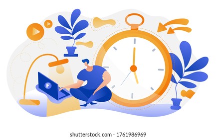 Man freelancer sitting behind large clock. Deadline concept. Typing on computer. Online work from home. Flat design illustration.