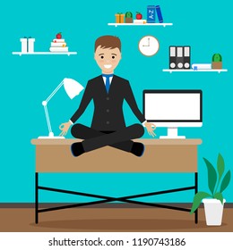 Man  freelancer sitting on the table, she is a happy worker. Vector illustration.