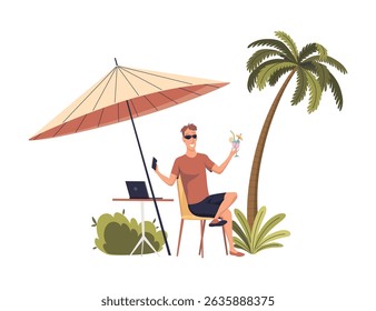 Man Freelancer in Summer on Beach under Palm Tree with cocktail and notebook. Businessman Sitting at Coast and Working with Laptop. Beach Umbrella. Summer Holiday Relax. Vector Illustration