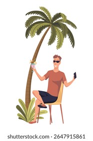 Homem Freelancer em Summer on Beach sob Palm Tree com coquetel e caderno. Empresário sentado na costa e trabalhando. Férias de Verão Relaxe. Ilustração de vetor