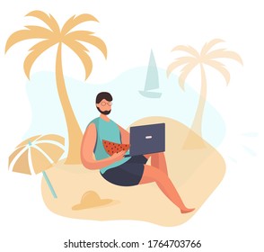Man Freelancer in Summer Wear Swimsuit Sitting on Beach under Palm Tree.
Businessman Sitting at Coast and Working with Laptop.Watermelon and
Beach Umbrella.Summer Holiday Relax.Vector Illustration