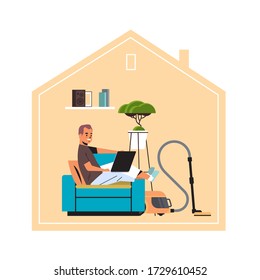 Mensch Freiberufler mit Laptop arbeiten zu Hause während der Coronavirus-Quarantäne Selbstisolierung Freelance Konzept Volllängen Vektor-Illustration