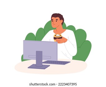 Man freelancer work at computer drinking coffee. Young programmer or web designer hold mug with beverage sitting at pc on workplace in cafe or at home. Cartoon flat vector illustration