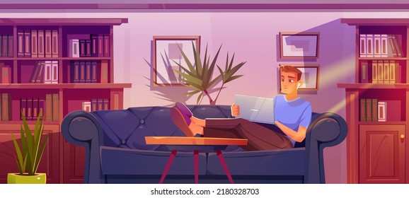 Man freelancer work on laptop at home office. Concept of freelance, remote job, cozy workplace. Vector cartoon luxury living room or cabinet interior with bookcases and person sitting on couch