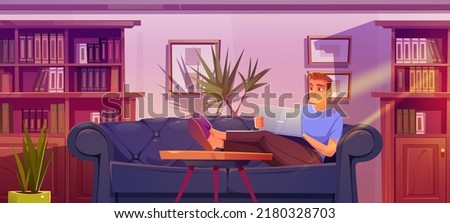 Man freelancer work on laptop at home office. Concept of freelance, remote job, cozy workplace. Vector cartoon luxury living room or cabinet interior with bookcases and person sitting on couch