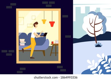 Man freelancer working from home. Illustration of half a house and a street. Winter vector illustration in flat style.