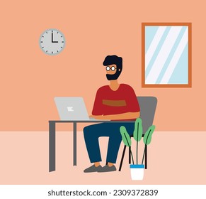 Man Freelancer Working from Home. Freelancer Working on Laptop and Computer at Home. Flat Vector Style Illustration