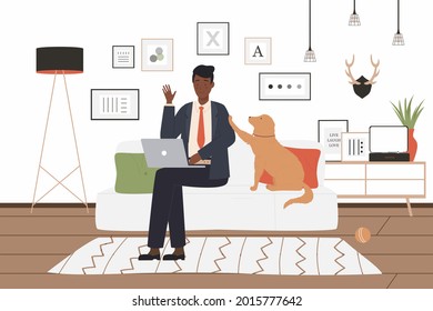 Man freelancer working with laptop at home, dog preventing work vector illustration. Cartoon young pet owner character in suit sitting on comfortable sofa with playful doggy, dog playing background