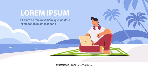 Man Freelancer Working On Notebook Business Man Using Laptop On Tropical Beach Summer Vacation Freelance