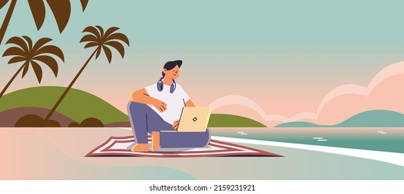 Mann Freiberufler, der an Notebook-Business-Mann mit Laptop auf tropischen Strand Sommerurlaub Freelance