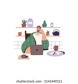 Man freelancer working online via internet with laptop computer at kitchen table in morning. Freelance worker at PC at lunch. Young entrepreneur. Flat vector illustration isolated on white background.