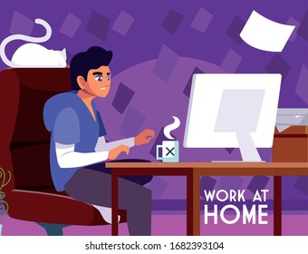 man freelancer working remotely from her home, work at home vector illustration design