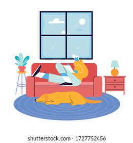 man freelancer working remotely from her home vector illustration design