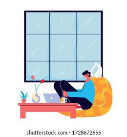 man freelancer working remotely from her home vector illustration design