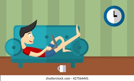 Man freelancer working remotely from room. Freelance concept vector illustration in flat style design. Home office workplace. Remote work