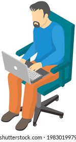 Man freelancer working or studying at laptop. Remote worker, student isolated on white. Job freelance, student at online learning sitting in chair with tablet pc. Guy sits with computer and types