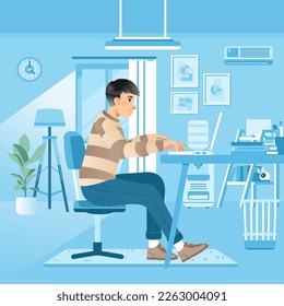Hombre autónomo trabajando a distancia con portátil sentado en el teletrabajo en el lugar de trabajo desde la ilustración de WFH Vector en casa