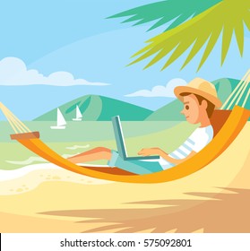 Man freelancer working telecommuting, telework  teleworking  from beach paradise seashore laying in hammock under palms 