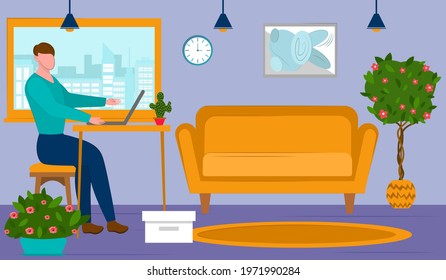 Man freelancer works at home using a computer. room interior. vector illustration. work at home design. 
Remote employee working at home office