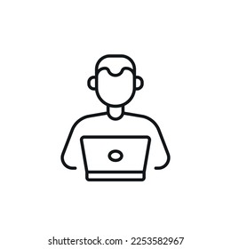 Man freelancer works on a laptop linear icon. Freelance. Remote work. Thin line customizable illustration. Contour symbol. Vector isolated outline drawing. Editable stroke