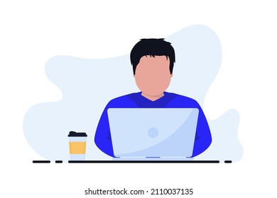 Man freelancers at his desk is working on the laptop and drinking coffee. Freelance job concept. Developing programming and coding technologies. Remote work, e-learning, home office, online career