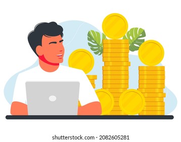 man freelancers working on laptops make big bucks. A businessman stands next to coins, works at a computer. Investors work for profit, income, dividends. Investment, money, finance. vector