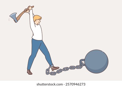 Man frees himself from shackles and burdens by cutting chain with ax to become free and do what wants. Determined guy frees himself from weight tied to leg, symbolizing problems out of past