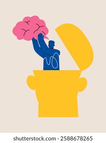 Man frees his imagination to explore new ideas. Concept to freedom. Colorful vector illustration
