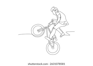 Man freestyle with bike. World bicycle day concept one-line drawing