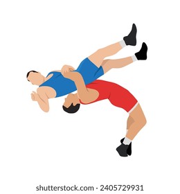 Lucha libre. Vectores de atletas con uniformes rojos y azules. Ilustración vectorial plana aislada en fondo blanco