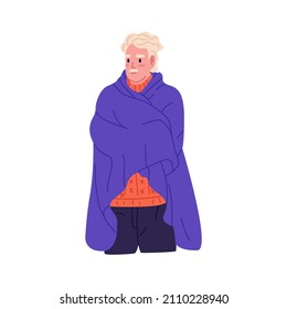 Man freezing from cold winter weather and frost. Frozen person standing in sweater, covered with blanket. Male shivering, warming with plaid. Flat vector illustration isolated on white background