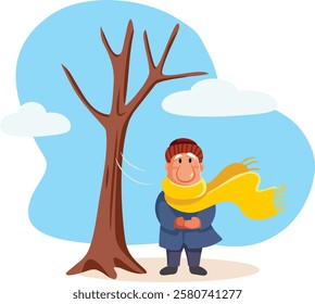 Man Freezing During a Cold Day Vector Cartoon Illustration. Guy feeling chilly in winter time outdoors
