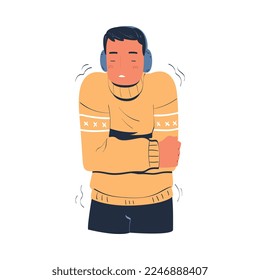 Man freezing and shivering wearing knitted sweater and earmuffs. Guy trying to warm during winter or autumn season cartoon vector illustration