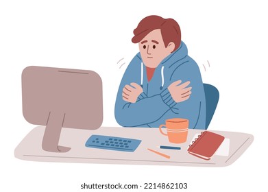 Man freezing in the unheated office. Feeling cold at work. Energy crisis. Economy of gas. Character wearing informal warm clothes trembling with cold at work place. 