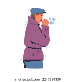 Man freezing wearing warm clothes. Guy warming hands during winter or autumn season trying to warm cartoon vector illustration