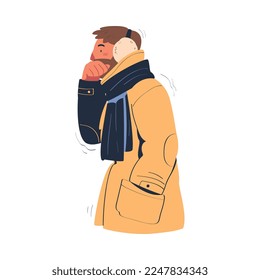 Man freezing wearing warm jacket, scarf and earmuffs. Guy trying to warm during winter or autumn season cartoon vector illustration