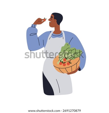 Man with fresh farm vegetables. Farmer holding natural organic cherry tomatoes and lettuce. Happy farmer in apron tasting, smelling local produce. Flat vector illustration isolated on white background