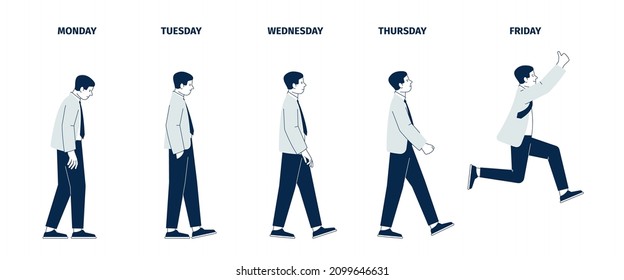 Man friday concept. Life balance, office manager and weekend. Different mood of guy in suit. Businessman leave work and go to vacations, recent vector character