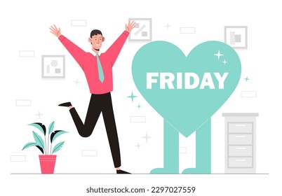 Man with friday. Young happy guy in office hugs heart with text. Employee enjoys weekend and rest, end of week. Smiling businessman or entrepreneur. Cartoon flat vector illustration
