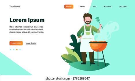 Man fried meat on nature flat vector illustration. Cartoon cook grilling steak and cooking fresh food or shashlik outdoors. Summer BBQ and picnic concept