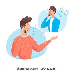 Man friend talking phone. Guy speaking about rest after work. Colleague going for beer and pizza. People have call conversation. Friendship and communication. Vector human avatar in speech bubble