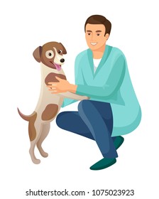 Man And Friendly Happy Dog Person And Pet Dog Standing On Paws Wagging Tail And Man Smiling At Him Vector Illustration Isolated On White Background