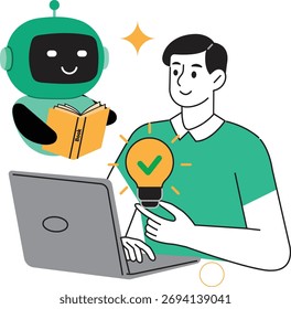 Um homem e um robô amigável estão aprendendo juntos em um laptop. O robô segura um livro, e o homem segura uma lâmpada incandescente simbolizando uma ideia, representando a educação e a tecnologia modernas