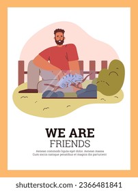 El hombre es amigo del camaleón, afiche con texto - ilustración vectorial plana. Persona que posee mascota de reptil. Conceptos de naturaleza, animales y vida salvaje.
