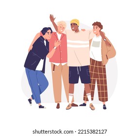 Man friends portrait. Diverse happy bros, young guys buddies standing, laughing together. Men's friendship, male relationship, bromance concept. Flat vector illustration isolated on white background