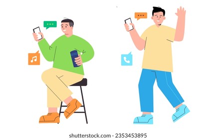 Man friends walking sitting holding mobile phone smartphone communication millenial cartoon casual flat